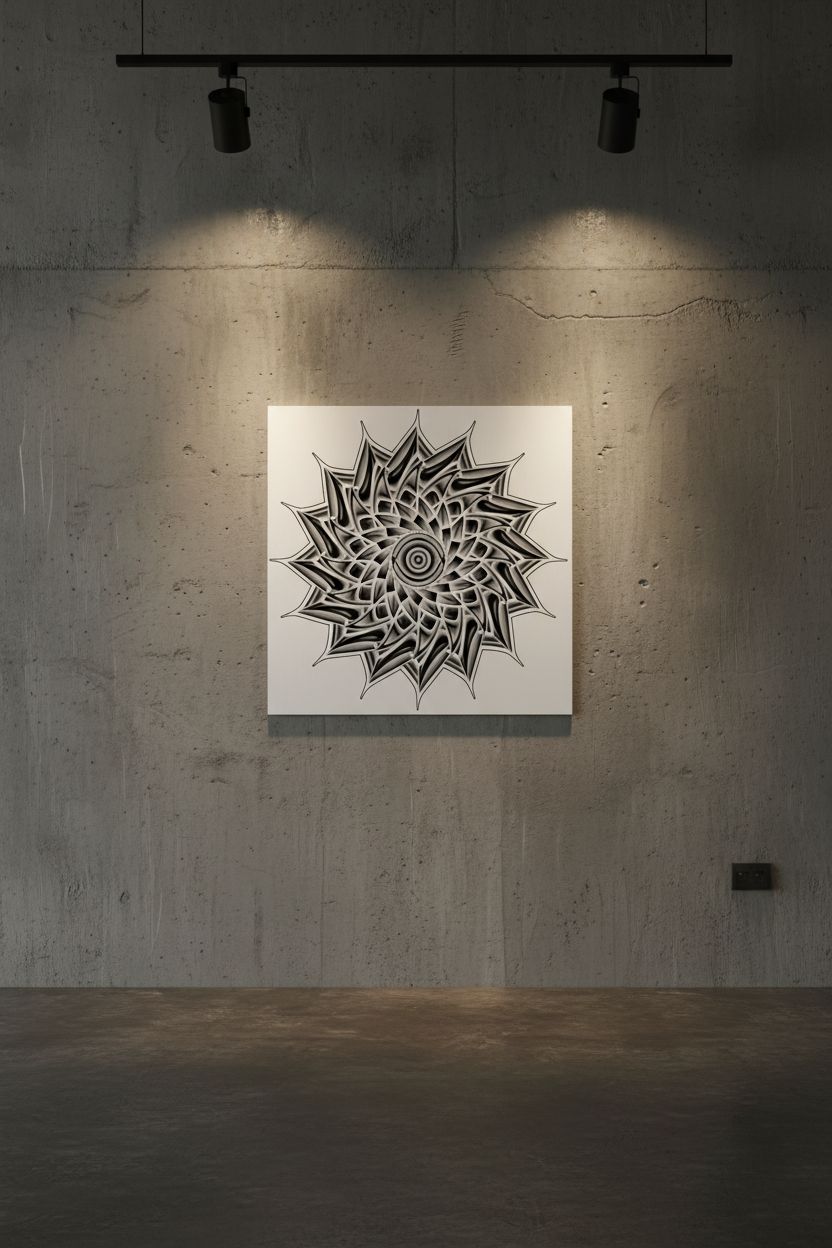 Mechanical Mandala I — Core Drive Metal Print displayed on industrial concrete gallery wall by Mark T. Zeilman