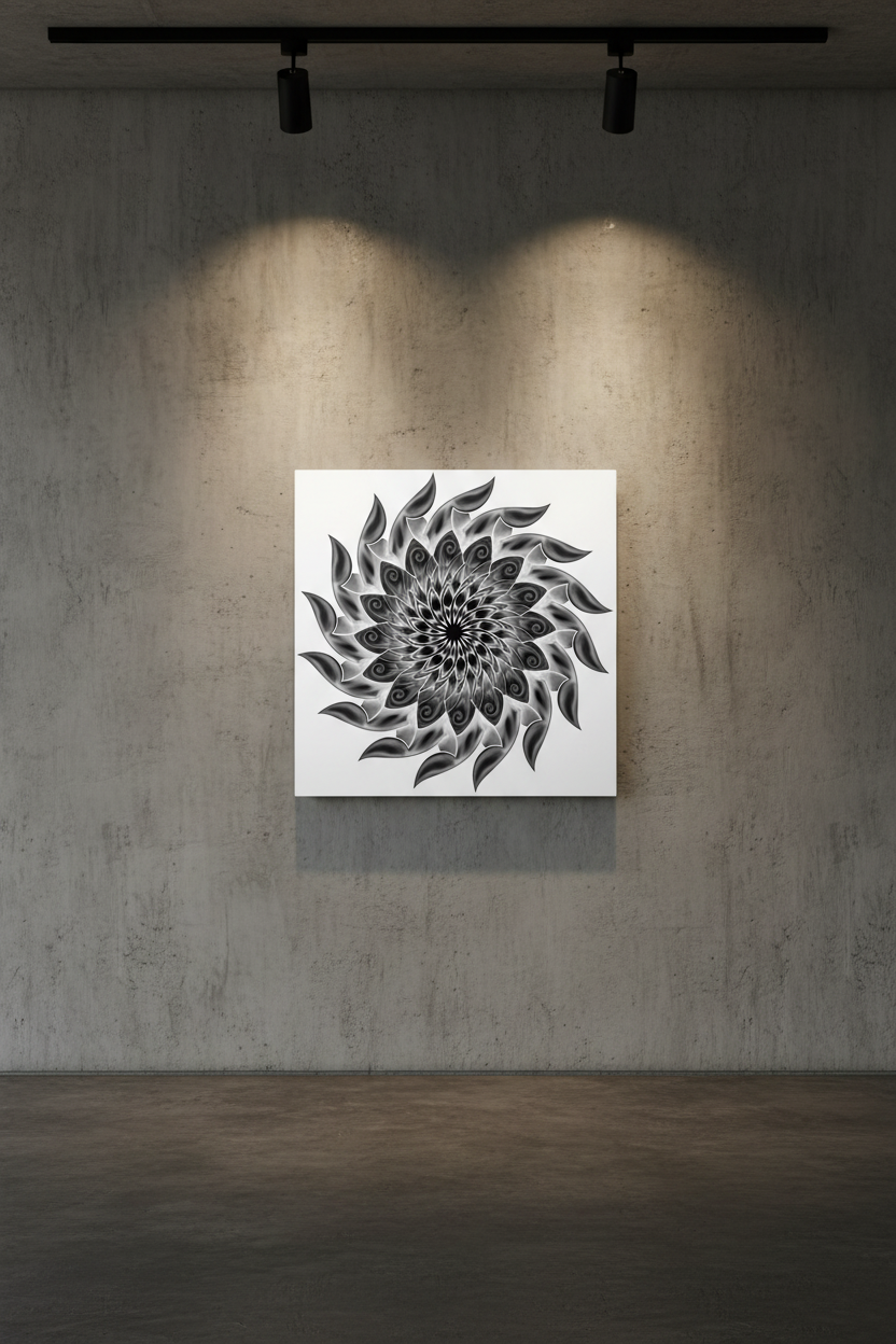 Mechanical Mandala III — Spiral Pressure Metal Print on industrial concrete gallery wall by Mark T. Zeilman