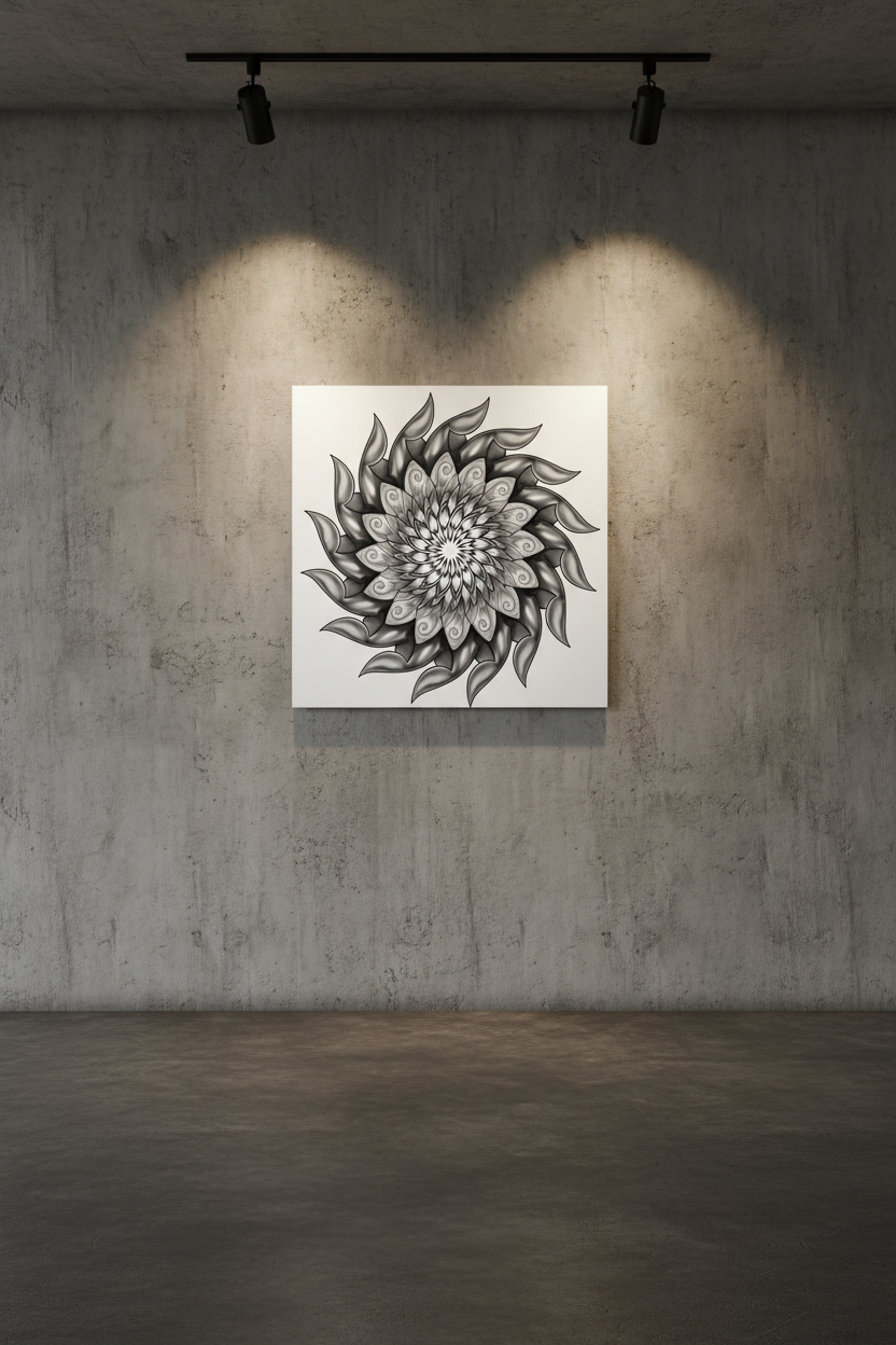 Mechanical Mandala VI — High Tension Metal Print on industrial concrete gallery wall by Mark T. Zeilman