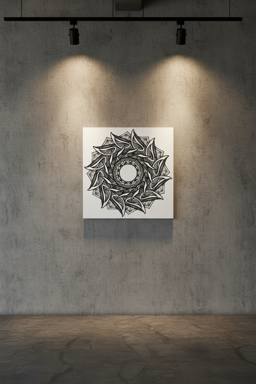 Mechanical Mandala V — Void Ring Metal Print on industrial concrete gallery wall by Mark T. Zeilman