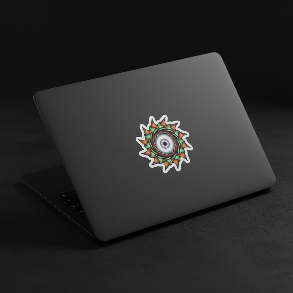 Wide Eyed Mandala die-cut sticker on dark laptop lid by Mark T. Zeilman