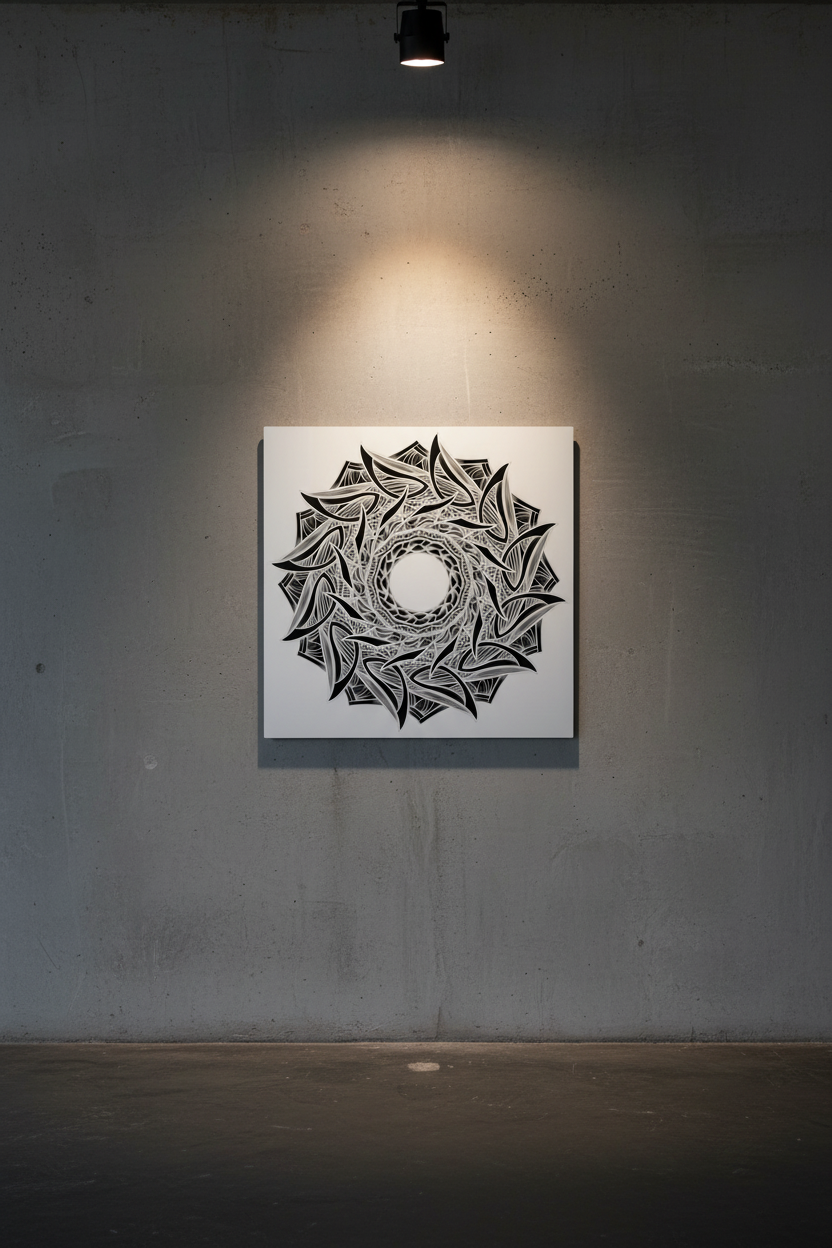 Mechanical Mandala II — Overload Metal Print on industrial concrete gallery wall by Mark T. Zeilman