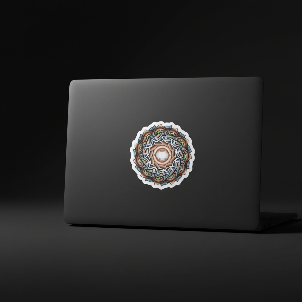 Sharp Eyed Mandala die-cut sticker on dark laptop lid by Mark T. Zeilman