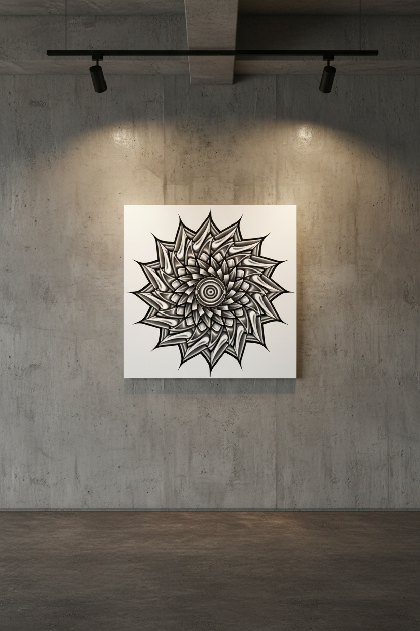 Mechanical Mandala IV — Whiteout Core Metal Print on industrial concrete gallery wall by Mark T. Zeilman