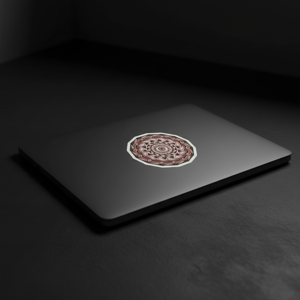 Mind's Eye Mandala die-cut sticker on dark laptop lid by Mark T. Zeilman